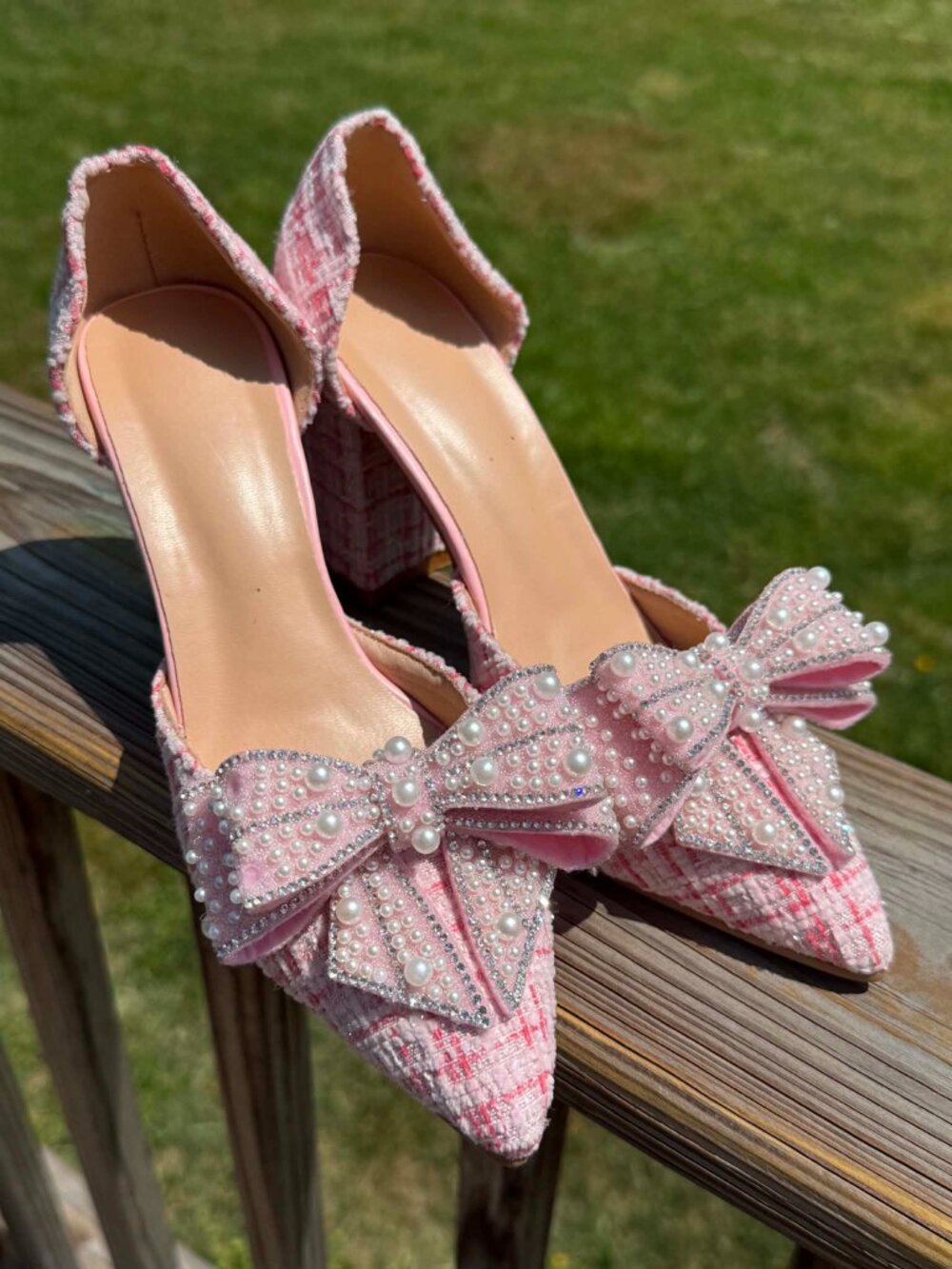 Pink Tweed plaid Pearl Bow Slingback Heels Coquette Balletcore Glam EU35/5 3392